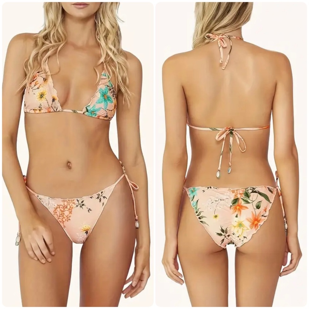 Pink Floral Lettuce Trim Halter Side Tie Bikini Set